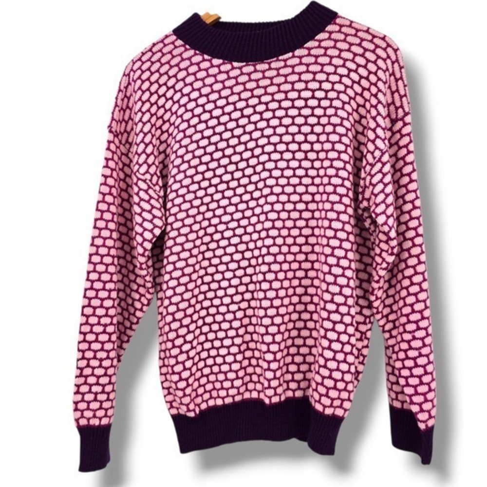 Womens Acrylic Mock Neck Sweater Geometric Knit Pink Purple‎ Vintage Style
